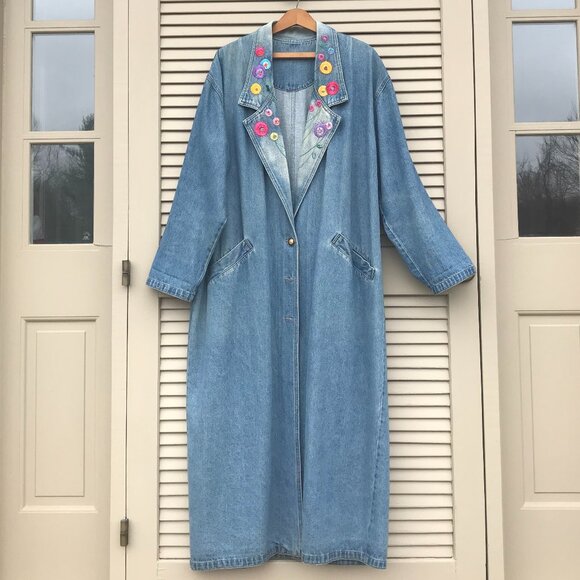 VTG Color Me Cotton Blue Denim Duster Coat Embroidered Flowers/ Buttons  L/XL - Picture 1 of 16